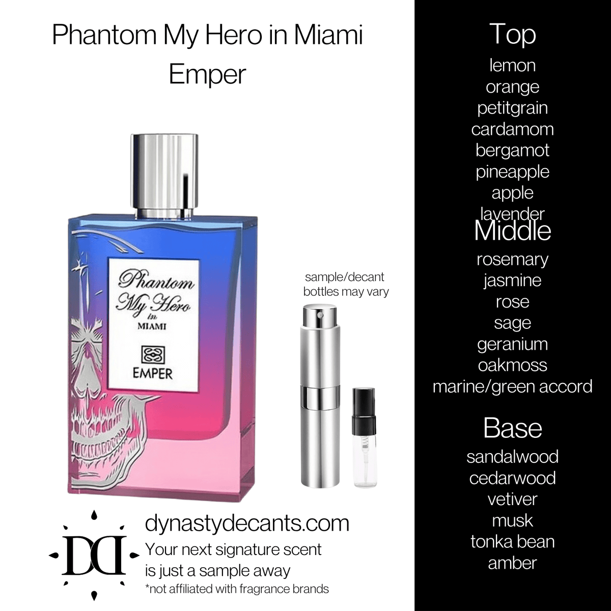 Fragrance sample bottle for Phantom My Hero in Miami by Emper