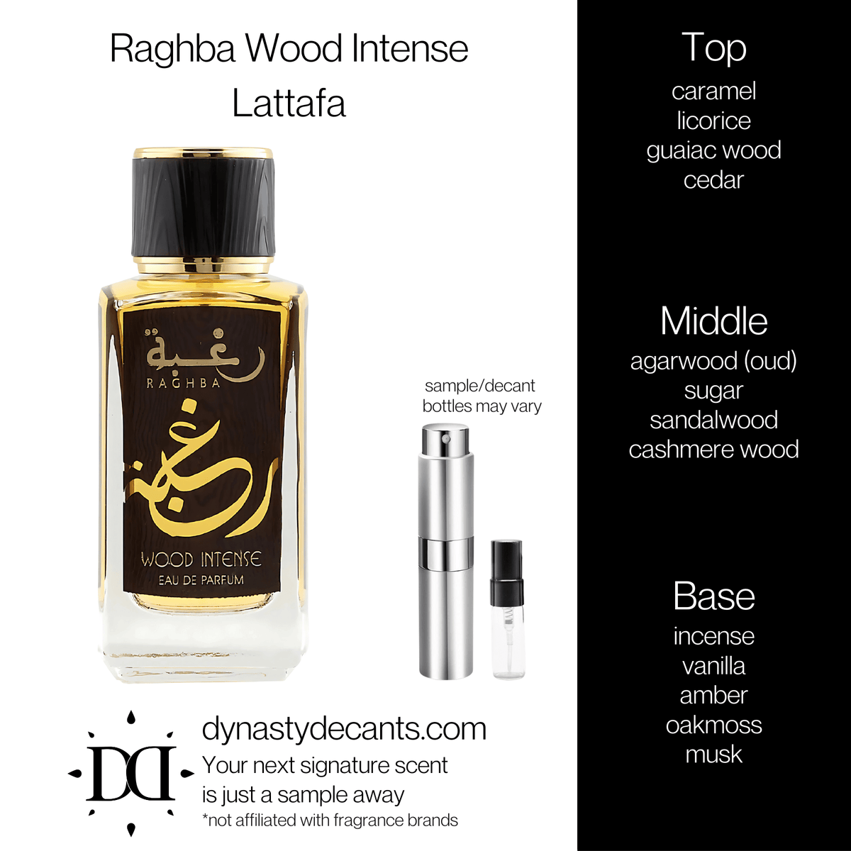 Fragrance sample bottle for Raghba Wood Intense by Lattafa