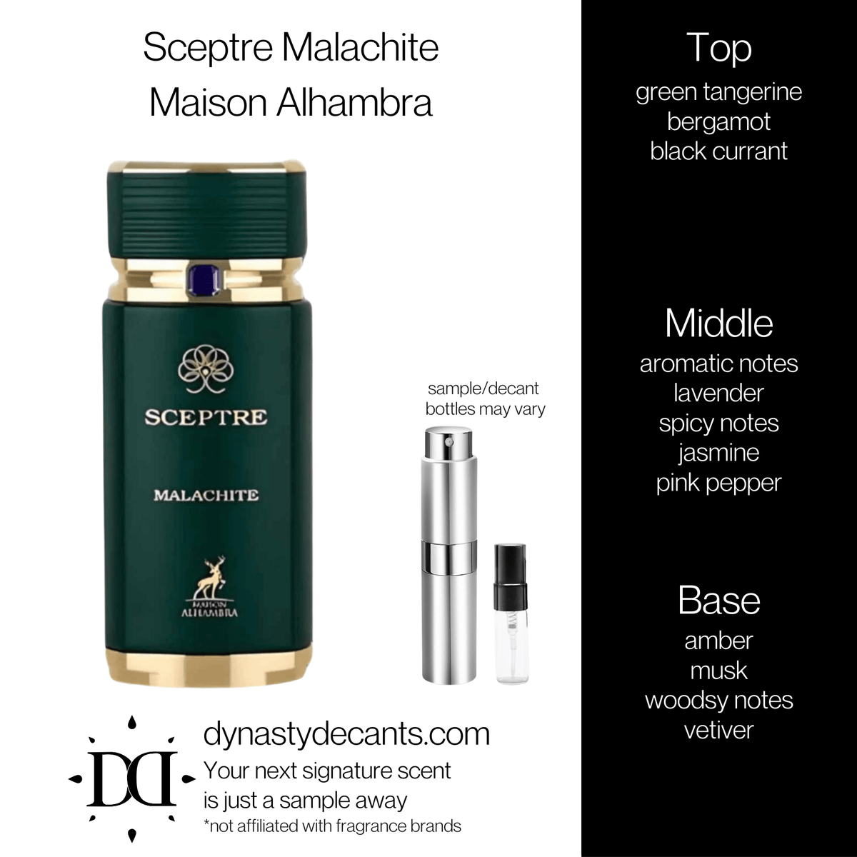 Fragrance sample bottle for Sceptre Malachite by Maison Alhambra