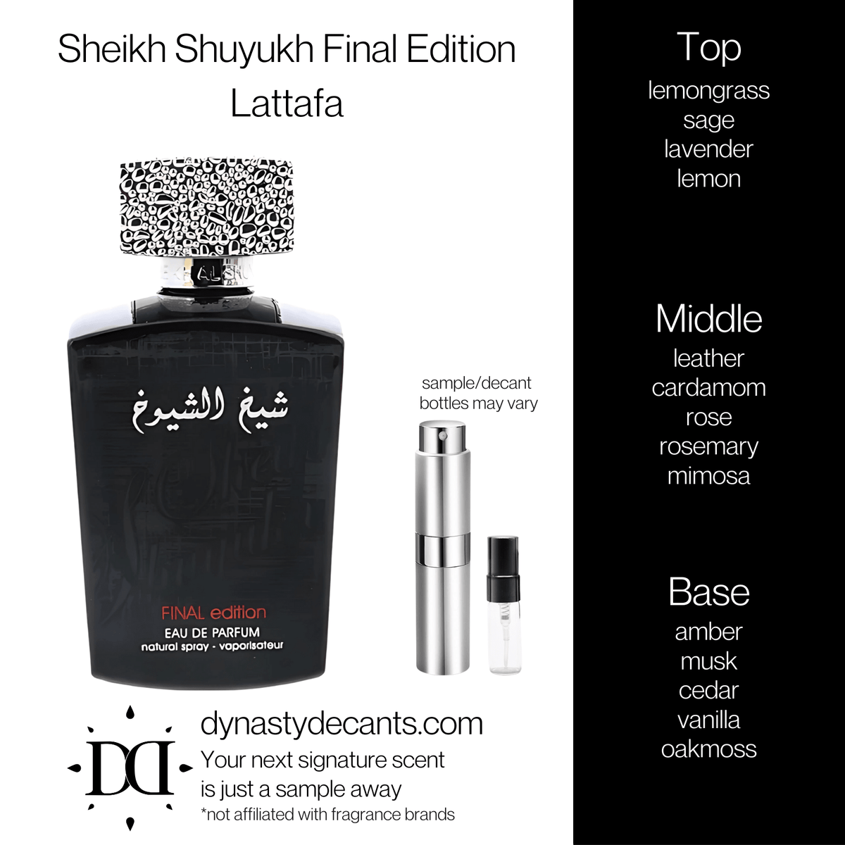 Fragrance sample bottle for Sheikh Shuyukh Final Edition by Lattafa