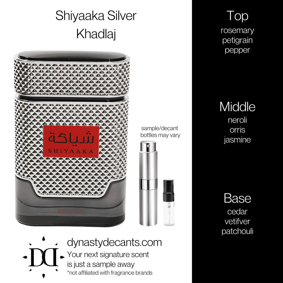 Fragrance sample bottle for Shiyaaka Silver by Khadlaj