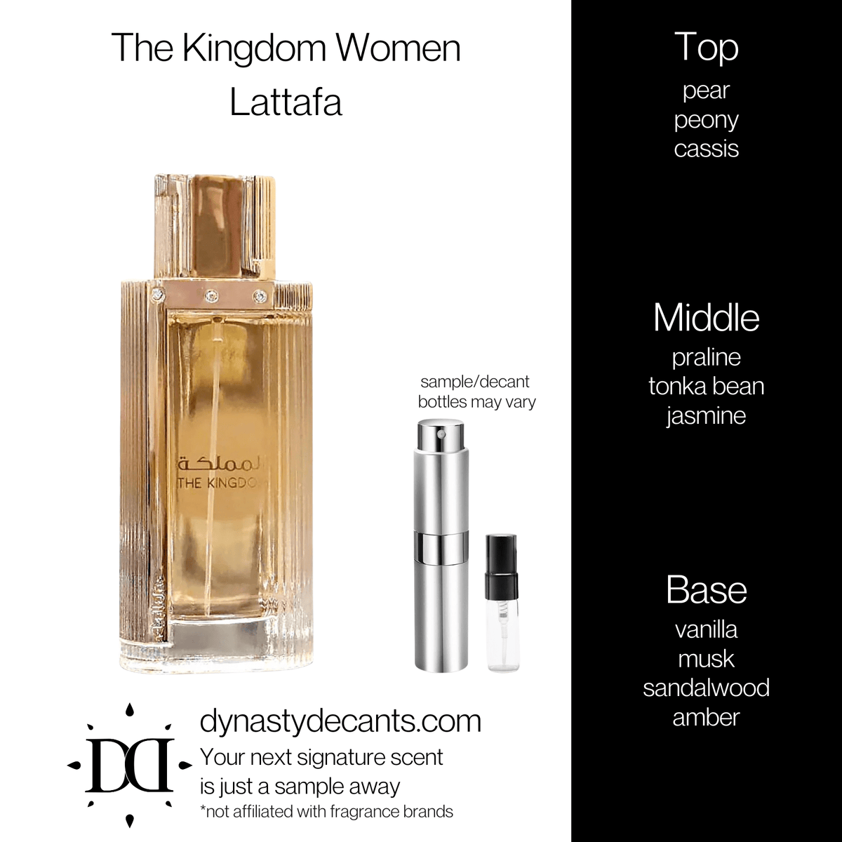 Fragrance sample bottle for The Kingdom Women by Lattafa