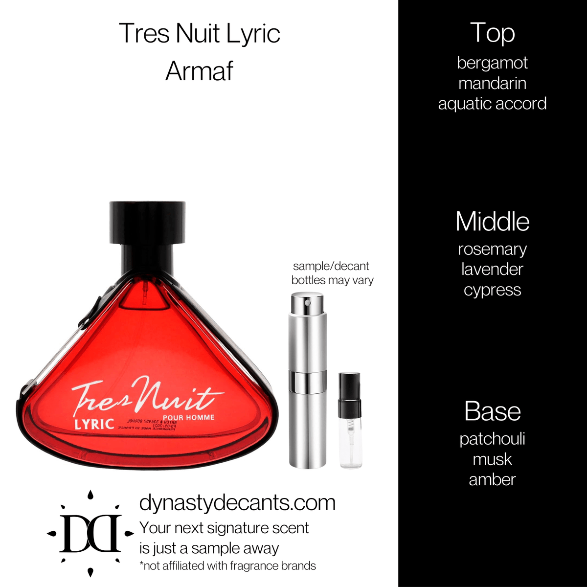 Fragrance sample bottle for Tres Nuit Lyric by Armaf