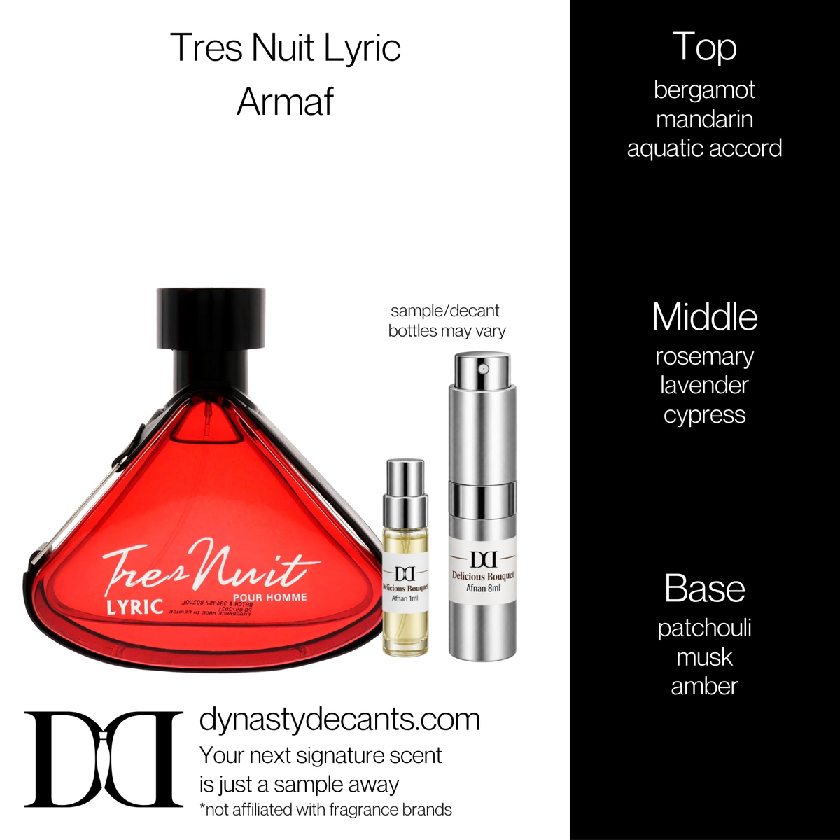 Fragrance sample bottle for Tres Nuit Lyric by Armaf