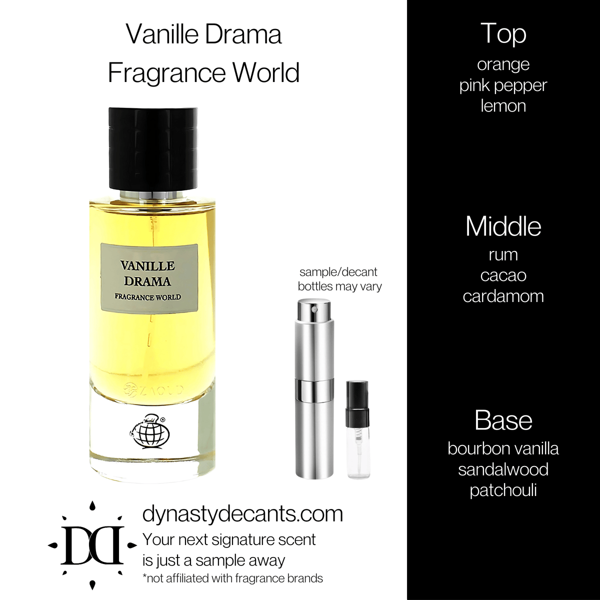 Fragrance sample bottle for Vanille Drama by Fragrance World