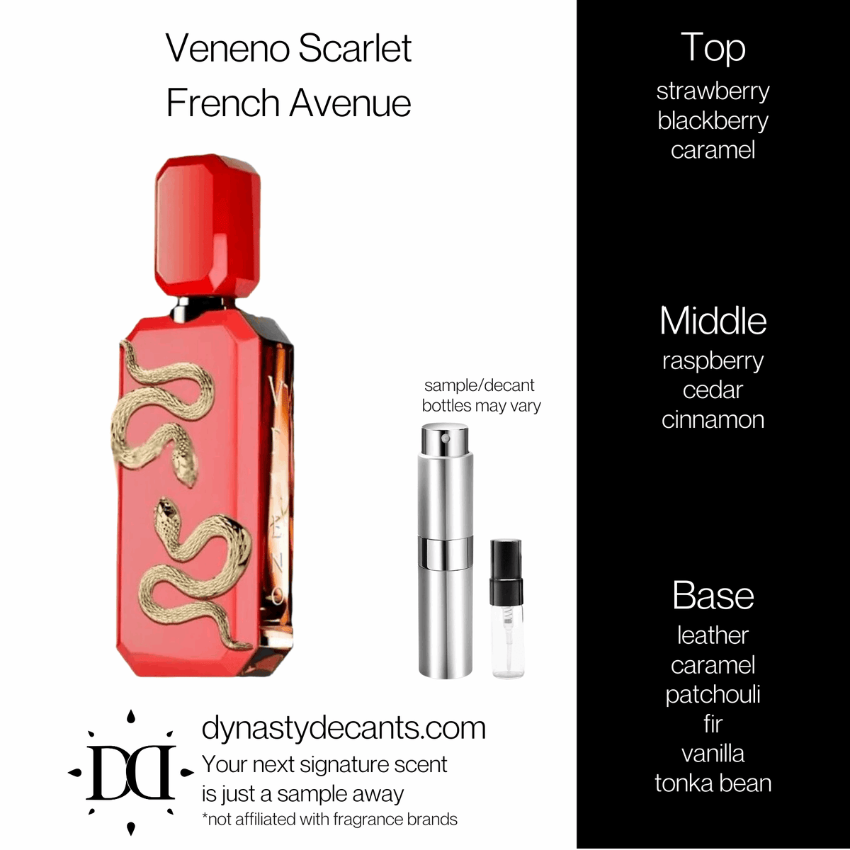 Fragrance sample bottle for Veneno Scarlet by French Avenue